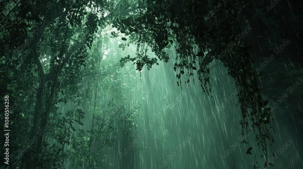 Poster a lush, green forest with rain falling through the canopy, creating a moody and atmospheric scene.