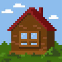 pixel house in summer illustration.