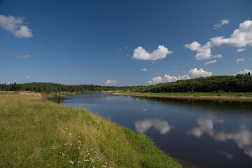 Russia Perm Krai landscape with river on a cloudy summer day