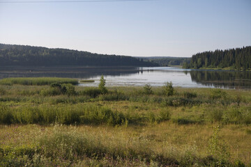 Russia Perm Krai landscape with river on a cloudy summer day