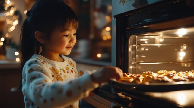 Child baking cookies in a cozy kitchen during the holiday season