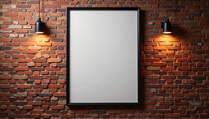 Poster mockup on brick wall. Blank framed poster on a red brick wall with warm spotlights.