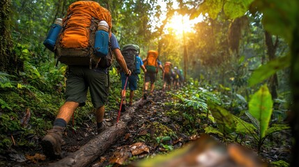 Naklejka premium Hiking tourists embracing minimal impact standards lush forest adventure nature scenic viewpoint ecotourism