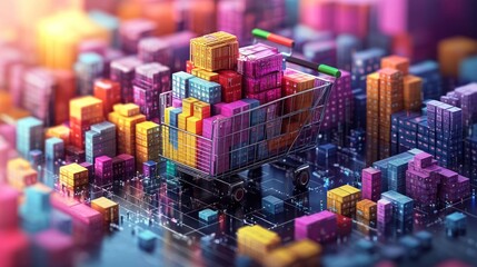 Obraz premium A shopping cart filled with colorful packages in a vibrant cityscape.