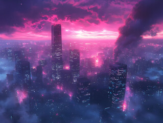 Fototapeta premium Illustration of Cityscape at Night with Pink and Purple Sky