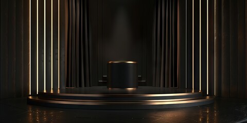 A sophisticated black and gold stage setup featuring elegant curtains and a central podium, perfect for award ceremonies, presentations, or high-end events.