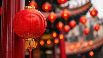 Fototapeta premium Vibrant red lanterns illuminate a festive setting, showcasing traditional decorations that evoke a sense of celebration and cultural heritage.