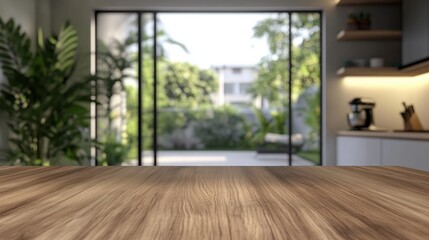 Fototapeta premium Bright modern kitchen with a wooden table and garden view in daylight