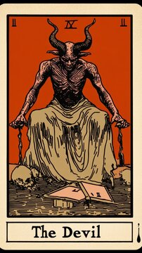 Tarot "The Devil" card png with horror background with black border and write "The Devil" under image.