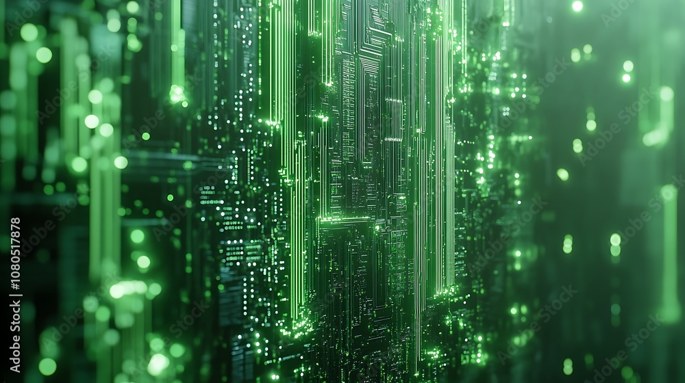 Poster a futuristic digital landscape with glowing green circuitry and data streams.
