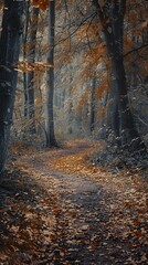 Obraz premium Forest path covered with autumn leaves, 4K hyperrealistic photo