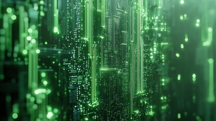 A futuristic digital landscape with glowing green circuitry and data streams.