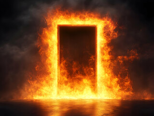 3D Illustration Burning Door Fire Flames Smoke Dark Background