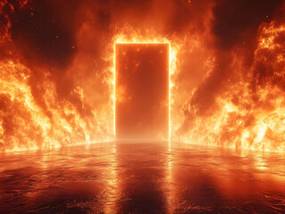 3D Illustration Fire Portal Lava Floor Flames Abstract Background