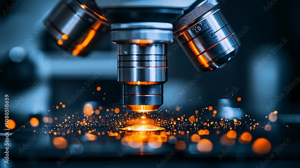 Aufkleber close-up view of a modern microscope with shimmering particles highlighting advanced scientific rese