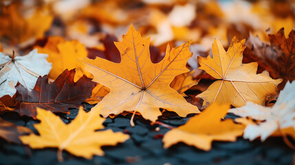 Fototapeta premium Close-up of colorful autumn leaves on the ground with focus on vibrant yellow and orange maple leaves