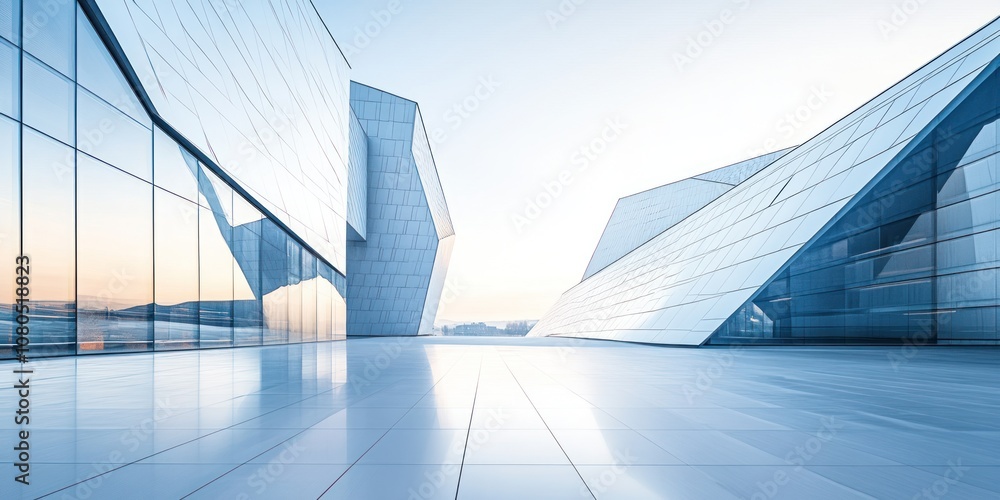 Poster a modern architectural landscape featuring angular glass structures and a serene atmosphere.