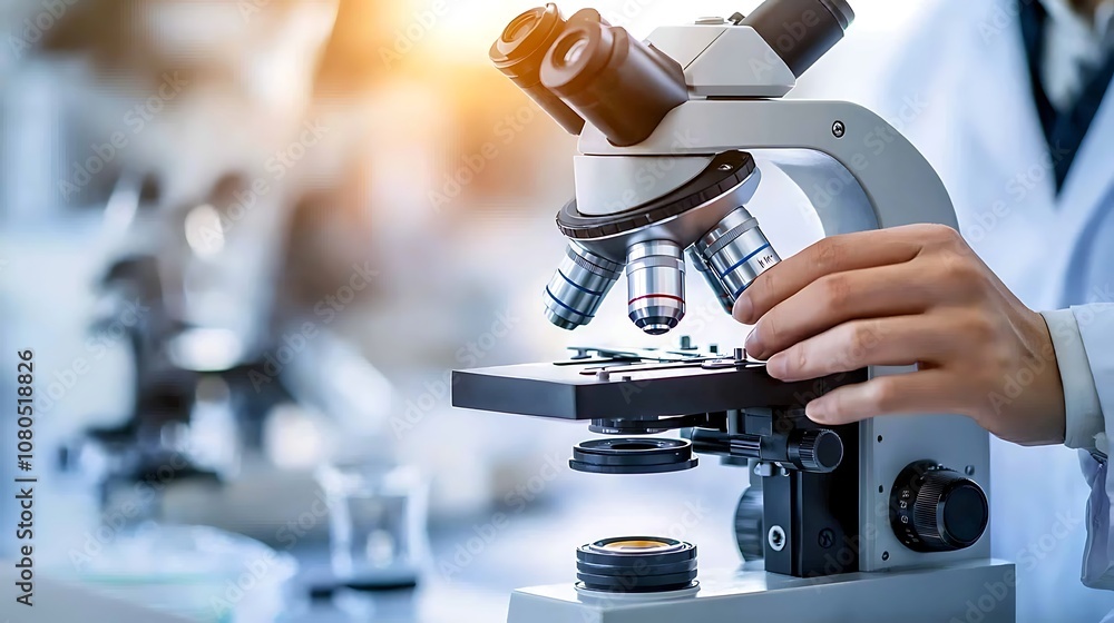 Poster close-up view of scientist using advanced microscope in laboratory setting for research and examinat