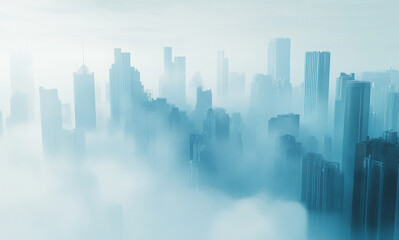 Fototapeta premium A view of a city shrouded in fog on a foggy morning. The tall buildings are barely visible through the thick haze