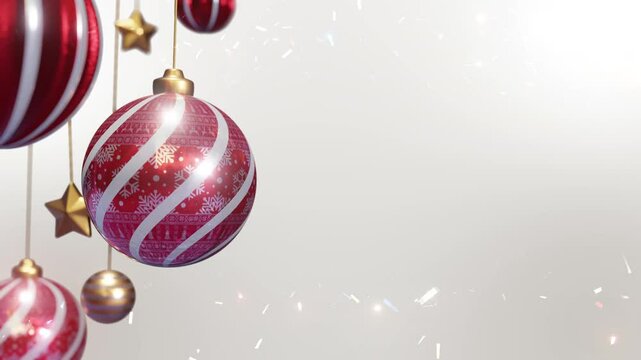 New Year red baubles with deer ornament rotate with falling glitter, Christmas decoration. Realistic 3d render4K balls loopable animation on white background