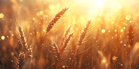 Fototapeta premium Close-up of golden wheat stalks in a sunlit field, capturing the beauty of agriculture and nature.
