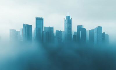 Fototapeta premium A skyline of tall buildings in a city emerges from a thick fog on a cloudy day