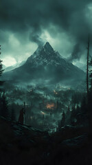 Fototapeta premium Dark Fantasy Illustration, Mountain, Forest, Wizard