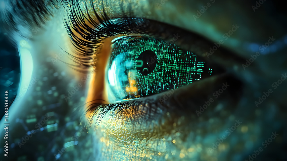 Aufkleber human eye close-up on green tech background, hacker face and digital data pattern. concept of cyber 