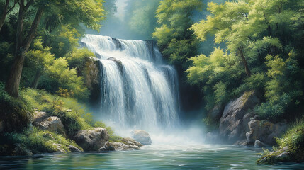 Realistic Painting Waterfall Forest River Nature Landscape Scenery Trees