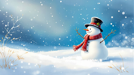 The snowman, complete with a hat and scarf, enjoys the wintry scene under a sky filled with falling snowflakes
