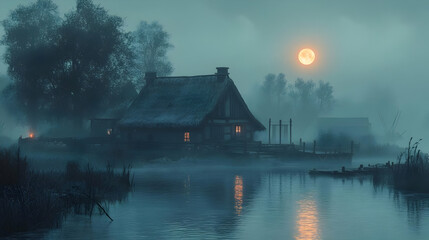 Fototapeta premium Illustration - Misty Moonlit Night at the Riverside Cottage