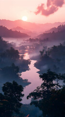 Misty Pink Sunrise River Valley Illustration