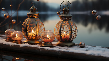 Elegant Christmas lanterns with frosty snow and warm candlelight by serene water