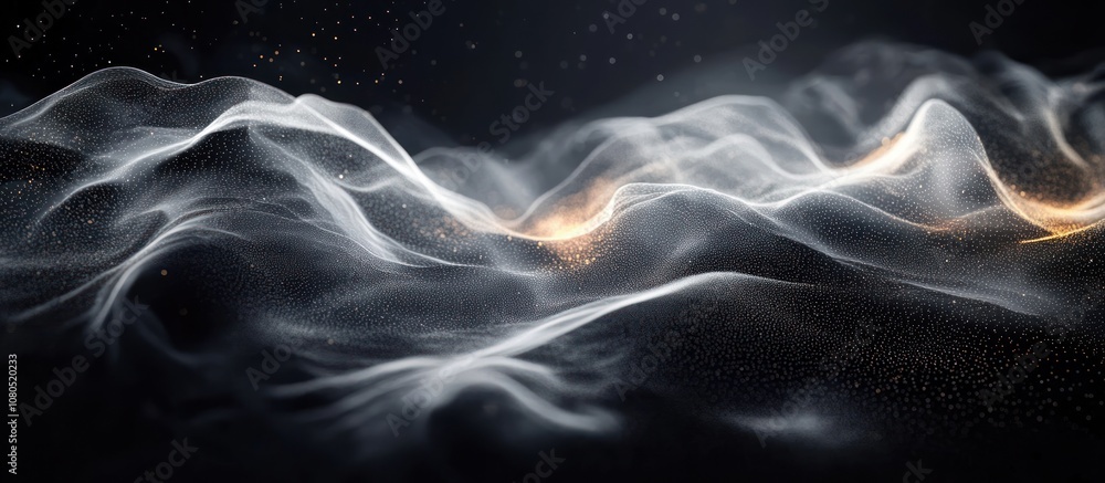 Poster abstract wavy lines in a dark background with golden dust particles.