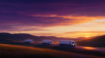 Fototapeta premium White Semi Trailers Driving on Winding Road at Sunset