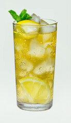 Refreshing Lemon Iced Tea with Mint, Lemon Slices and Ice Cubes on White Background