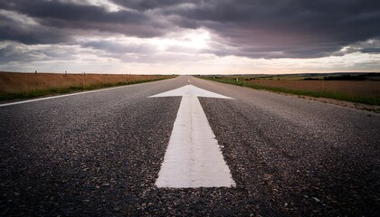 Naklejka premium Straight Road with an Arrow Painted on It Leading to the Horizon, stretching toward the horizon under a clear sky. The perspective creates a sense of direction and purpose, symbolizing a journey 