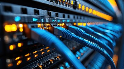 Naklejka premium Close-up of blue network cables connected to a server rack.