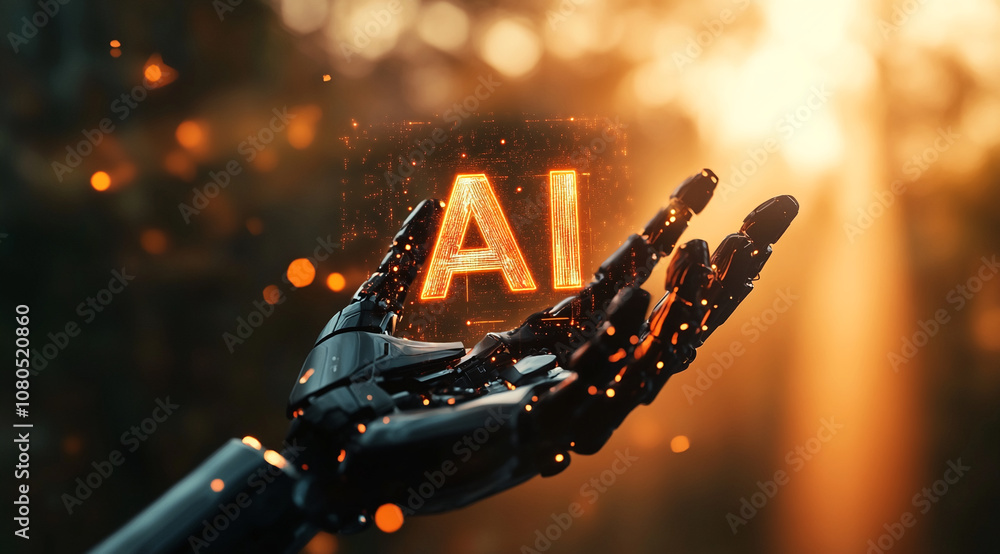 Aufkleber a robotic hand reaches toward the glowing letters ai, suggesting the future of artificial intelligen