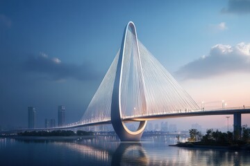 Obraz premium A modern cable-stayed bridge illuminated at dusk, spanning a calm river with city skyline.