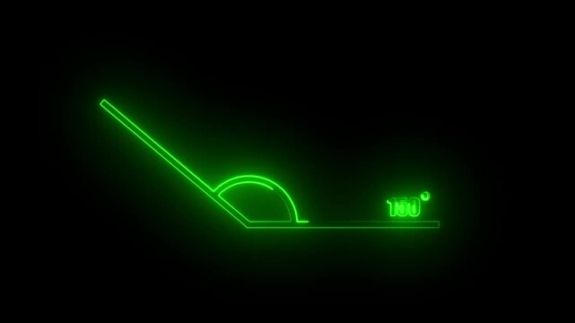 Neon geometric math graph with an angle measure of 150 degree icon. Icon of 150 degree. Acute angle.
