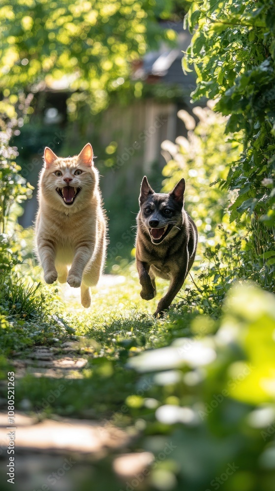 Poster a cat and dog running towards the camera on a path through a garden.