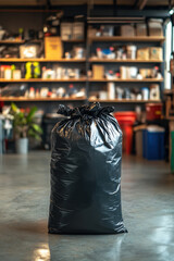Obraz premium Eco-Friendly Black Trash Bag. A large black garbage bag stands centrally in a cluttered storage space, with shelves filled with assorted items in the background.