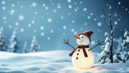 Obraz premium Enchanting Winter Scene with Snowman in Snowy Forest, Perfect for Holiday Greetings and Winter Decorations
