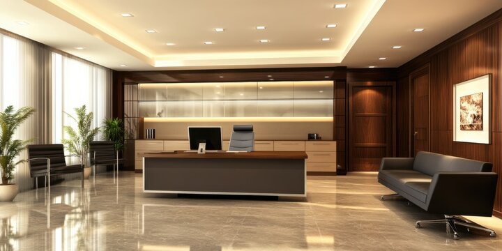 Reseption business room interior with chairs and sofa