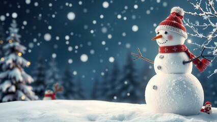 Fototapeta premium Enchanting Winter Scene with Snowman: Perfect for Holiday Greetings, Christmas Cards, and Festive Decorations