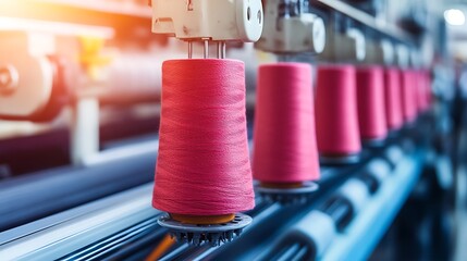 Close-up of spools of pink thread on a textile production line, showcasing industrial textile manufacturing.