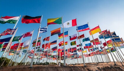 Fluttering flags represent a global community and cooperation
