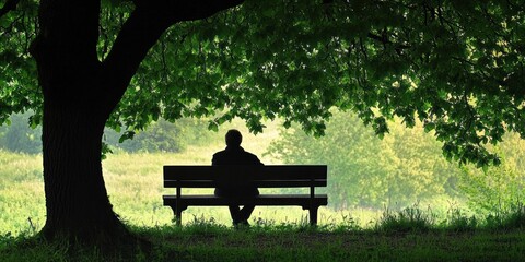 A solitary figure sits on a bench under a large tree, enjoying the peace and quiet of the outdoors.