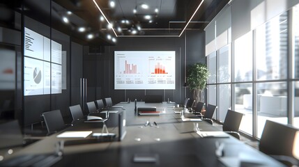 A business meeting taking place in a chic, minimalistic office with financial presentations on large screens
